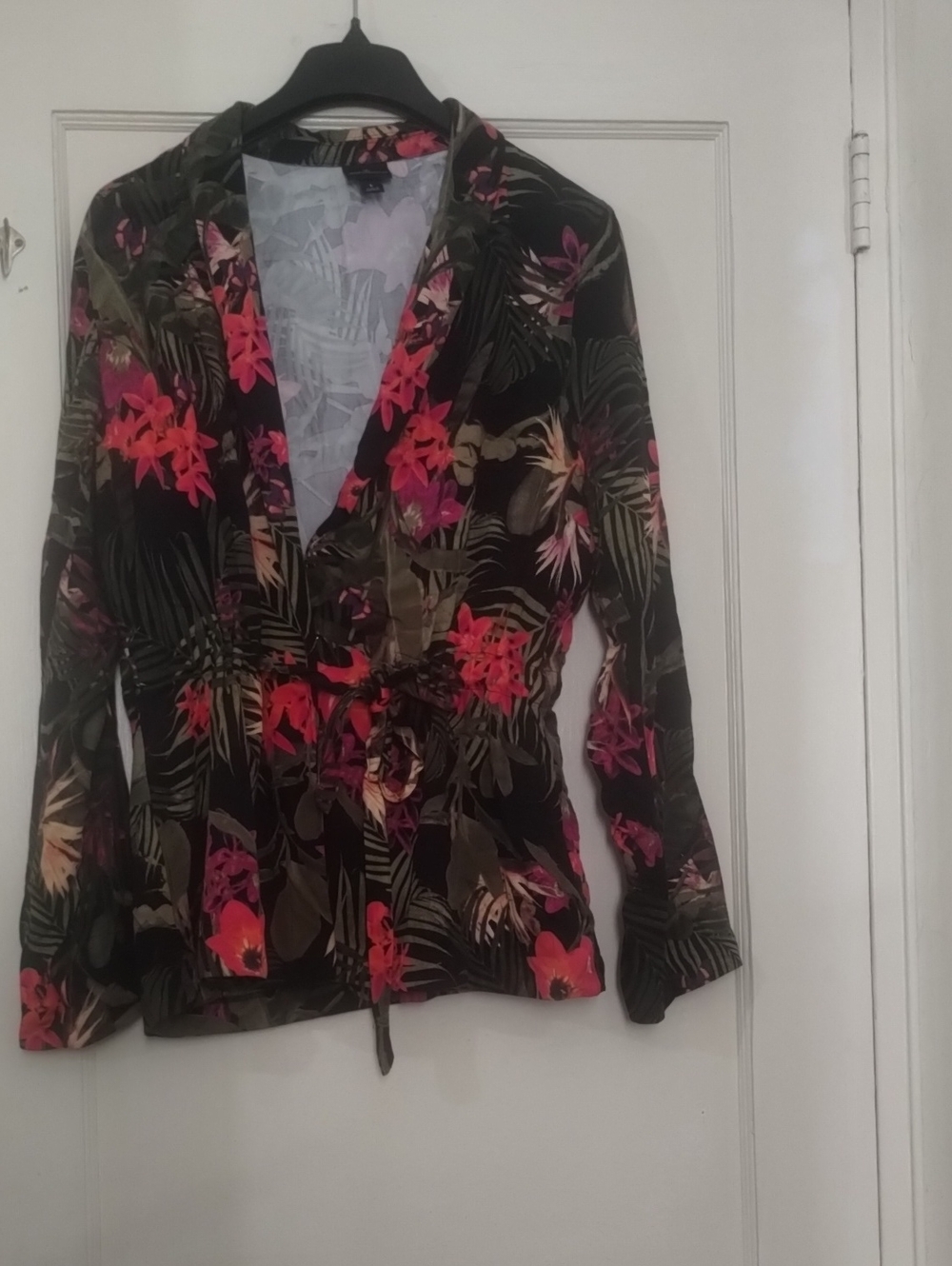 Worthington Black Floral Tie-Waist Blazer with Pink & Green Print